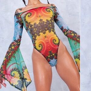 Euro Badinka Off Shoulder Blue Psychadelic Mesh Rave Bodysuit Size Small
